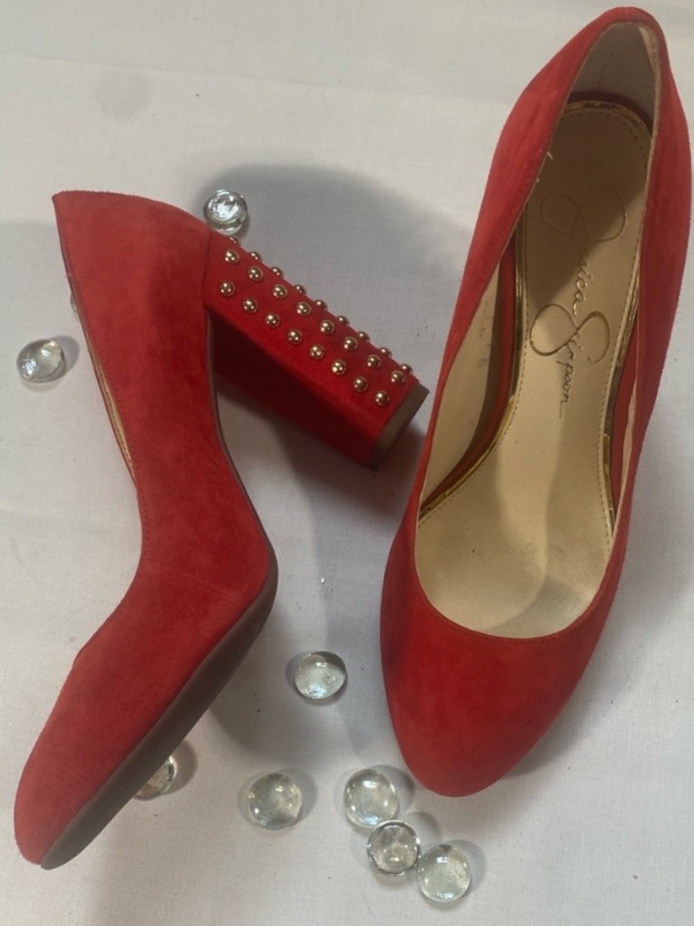 Jessica Simpson Red Suede Gold Studded Block Heel Pumps